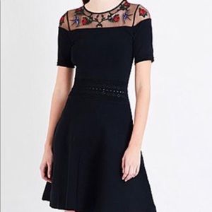 Sandro dress - black floral and bird embroidered knitted dress, size 1